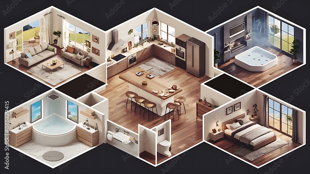 Isometric rooms. Designed house, living room kitchen bathroom bedroom toilet apartment interior with furniture 3d vector set. Kitchen isometric room Isometric rooms. Designed house, living room kitchen bathroom bedroom toilet apartment interior with furniture 3d vector set. Kitchen isometric room