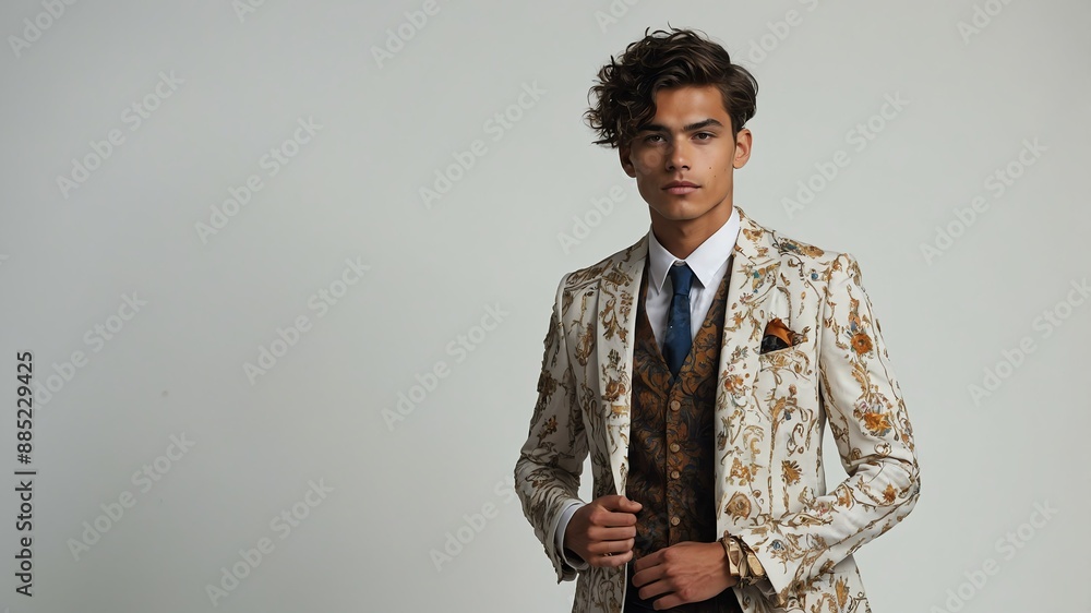 Fototapeta premium Young man wearing grooms bohemian style model posing on plain white background