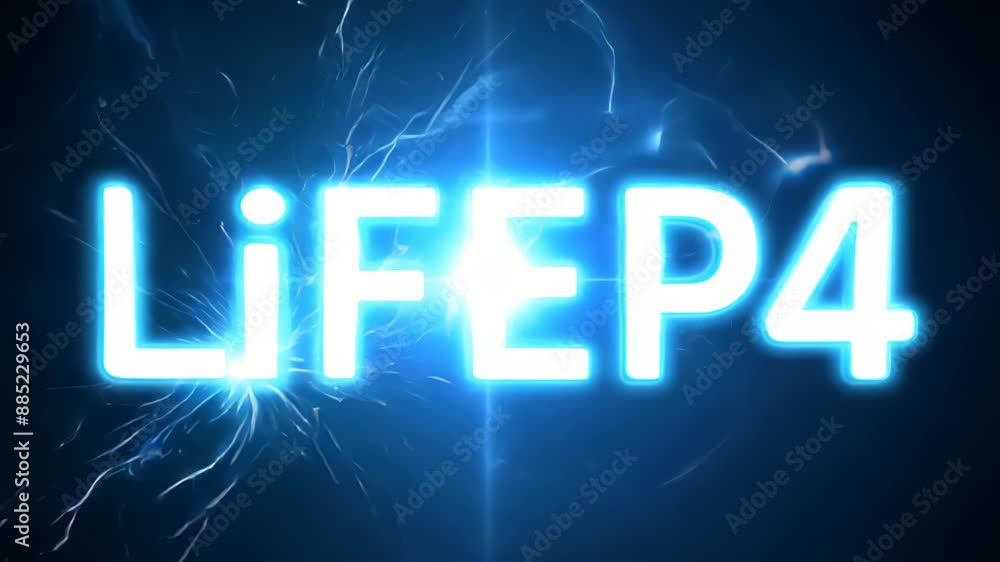 Glowing text LiFePo4 on a dark background, surrounded by electrical discharges Glowing text LiFePo4 on a dark background, surrounded by electrical discharges