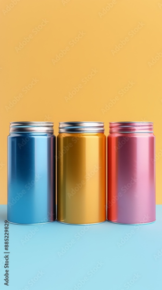 Three cans of different colors are lined up on a blue background Three cans of different colors are lined up on a blue background