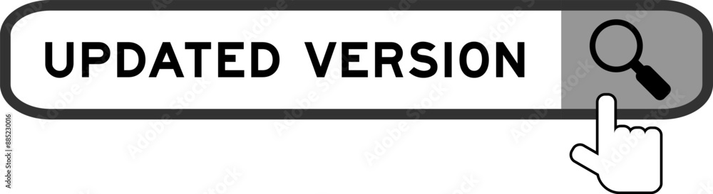 Search banner in word updated version with hand over magnifier icon on white background Search banner in word updated version with hand over magnifier icon on white background