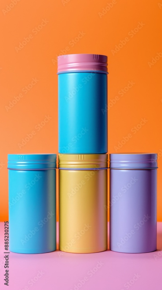 A stack of four colorful cans, each with a different color A stack of four colorful cans, each with a different color