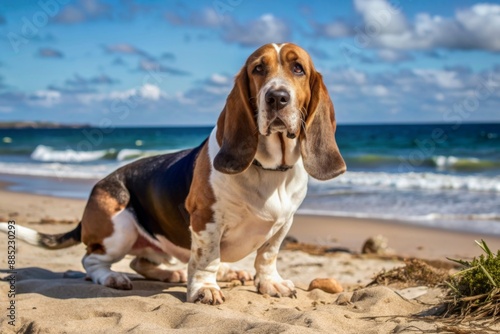 dog on the beach, basset hound on the beach © ilyas