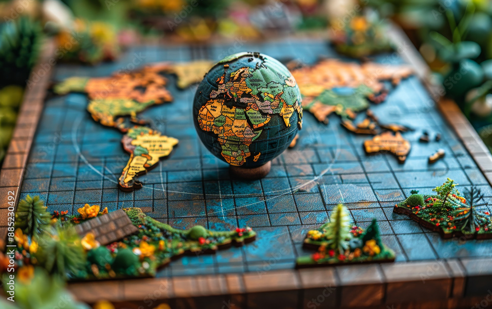 A small globe sits on top of a map of the world A small globe sits on top of a map of the world