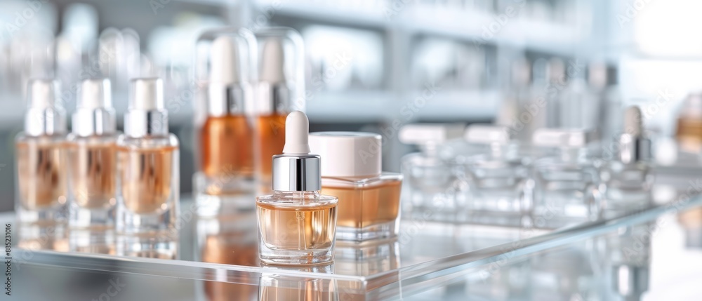 High-end beauty products being tested for quality in a dedicated area of an elegant cosmetics manufacturing plant High-end beauty products being tested for quality in a dedicated area of an elegant cosmetics manufacturing plant