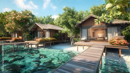 Overwater bungalows with wooden decks leading to cozy img © Yelena
