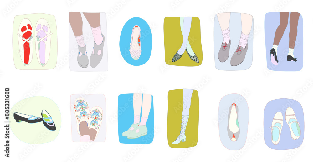Isolated Vector Set of 12 One-Scene Illustration for Vintage Footwear and Shoes Fashion Magazine Illustrated Design Elements Isolated Vector Set of 12 One-Scene Illustration for Vintage Footwear and Shoes Fashion Magazine Illustrated Design Elements