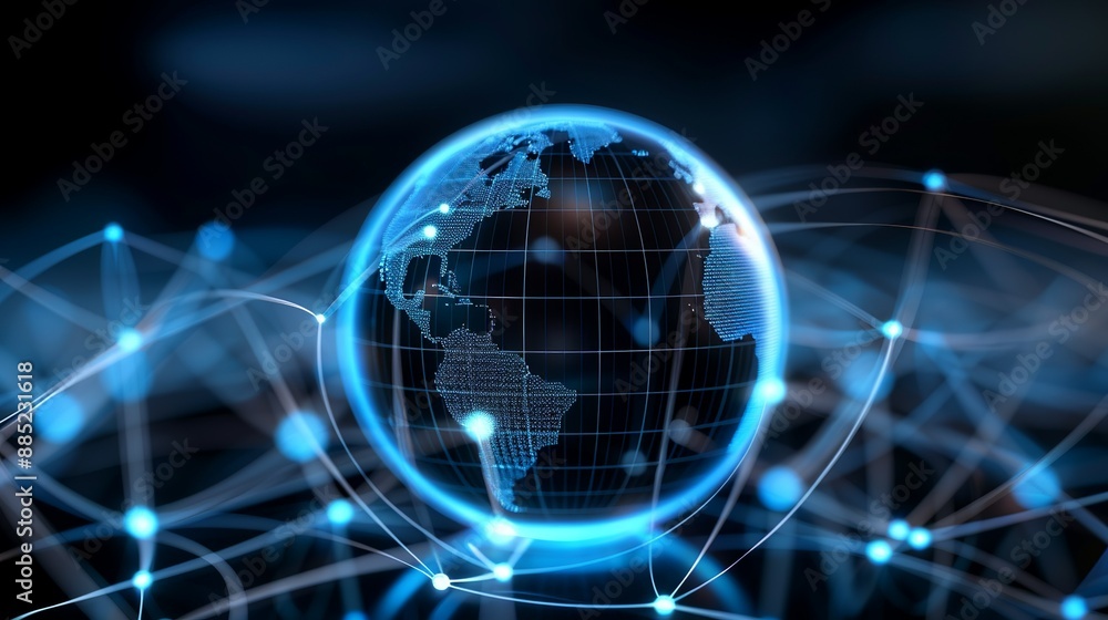 Obraz premium Dynamic illustration of a digital globe surrounded by data nodes, symbolizing global connectivity, information exchange, and digital economy. Illustration, Image, , Minimalism,
