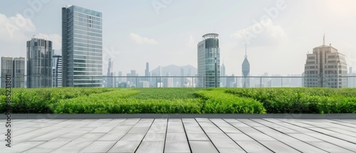 A green rooftop garden on a modern building, with the city skyline in the background and space for text