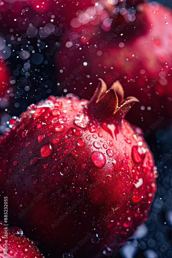 pomegranate in water drops close-up. Selective focus pomegranate in water drops close-up. Selective focus