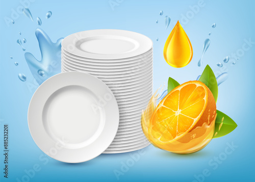 Clean washed plates near orange fruit. Dishwashing soap with citrus scent. Stock vector illustration