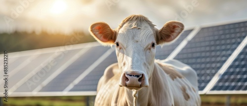 A dairy cow with an image of solar panels in a field, representing renewable energy in agriculture