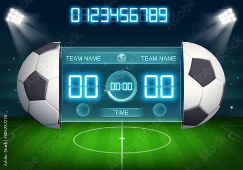 Scoreboard at a football soccer stadium. Template with a set of numbers. Vector stock illustration.