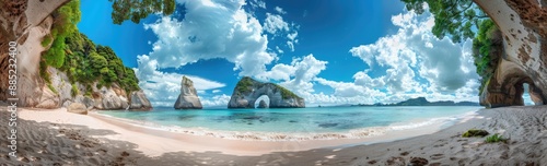 Scenic View of Cathedral Cove and the Bay of Islands in New Zealand photo