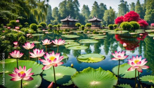 Beautiful landscape with Lotus flowers growing in the pond and Japanese pavilions in the background