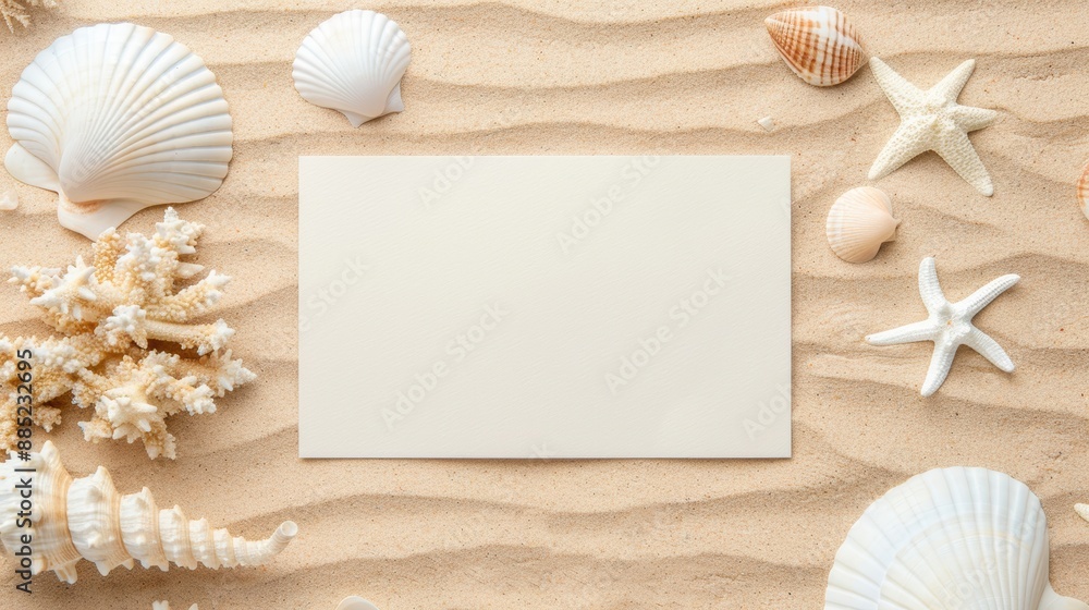 A blank invitation card with a seashell motif, placed on a sandy surface with starfish and coral A blank invitation card with a seashell motif, placed on a sandy surface with starfish and coral