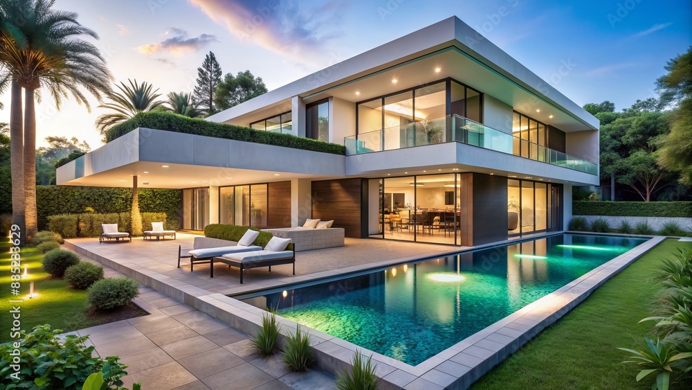 Obraz premium Sleek modern villa with expansive swimming pool, lavish outdoor spaces, and intricate architectural details set amidst lush greenery backdrop.