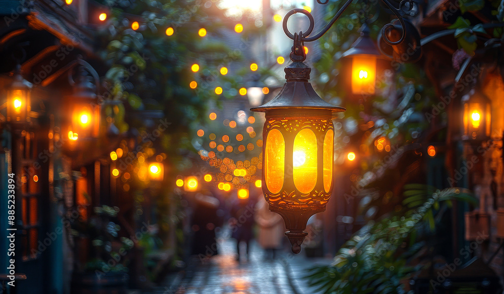 A street scene with a lantern hanging from a lamp post. The lantern is lit up and the street is lit up with lights. A street scene with a lantern hanging from a lamp post. The lantern is lit up and the street is lit up with lights.