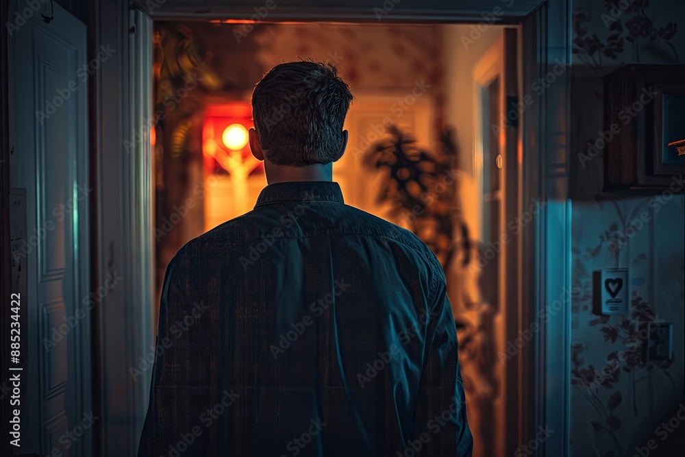 A man in a dark jacket walks through a doorway into a dimly lit room with a glowing light source in the background. Generative AI A man in a dark jacket walks through a doorway into a dimly lit room with a glowing light source in the background. Generative AI