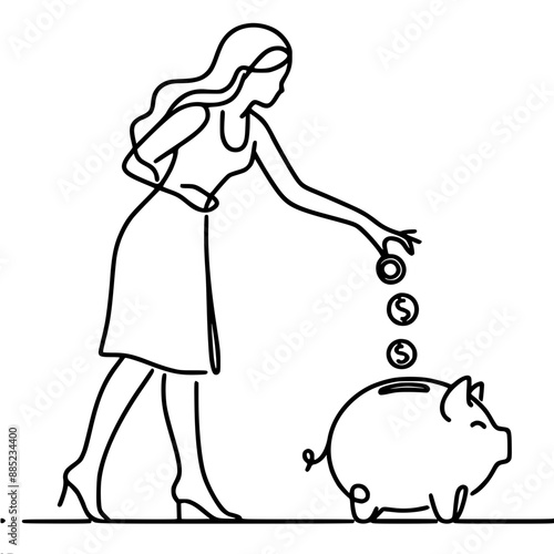woman in dress throws a handful of coins into piggy bank, single line vector drawing