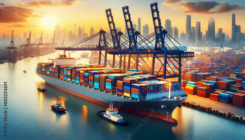 Naklejka premium Vast Container Port with Numerous Cargo Ships, Cranes, and Colorful Containers in a Bustling Maritime Trade and Logistics Hub at Sunrise. Aerial View of Container Ships Being Loaded at a Busy Port.