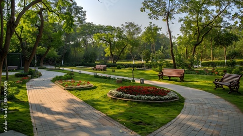 A green area along the river with manicured image