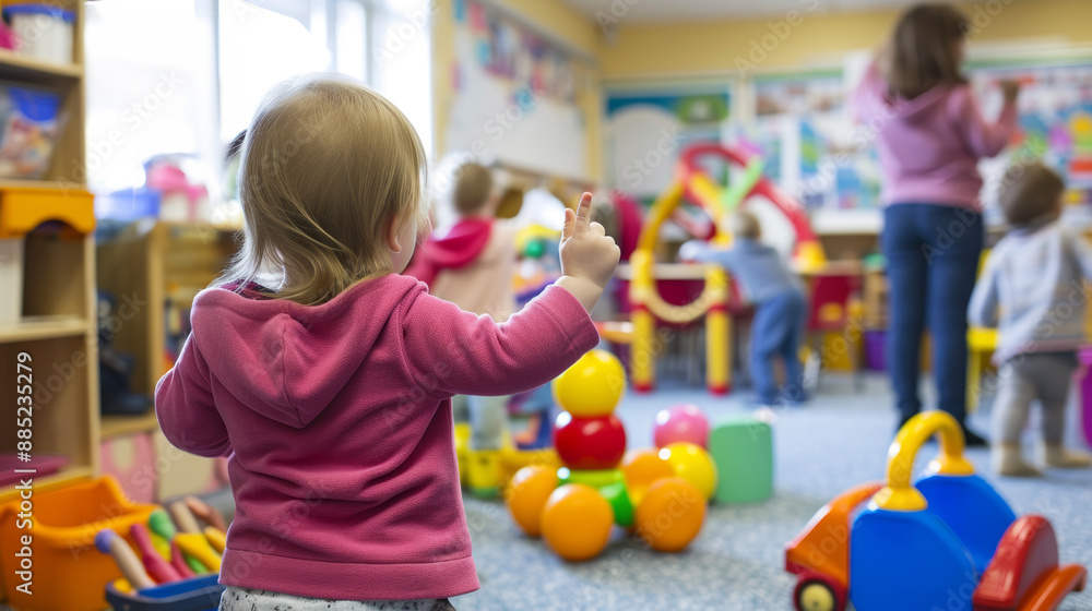 Colorful kindergarten preschool classroom with a teacher teaching little kids playing among them with toys.