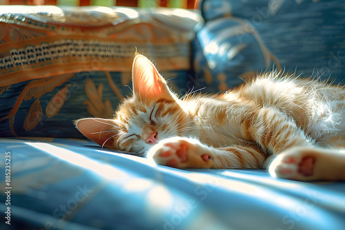 Red domestic kitten snoozes on the blue sofa. Summer sunny atmosphere around. Nice concept for National Lazy Day on 10th August photo