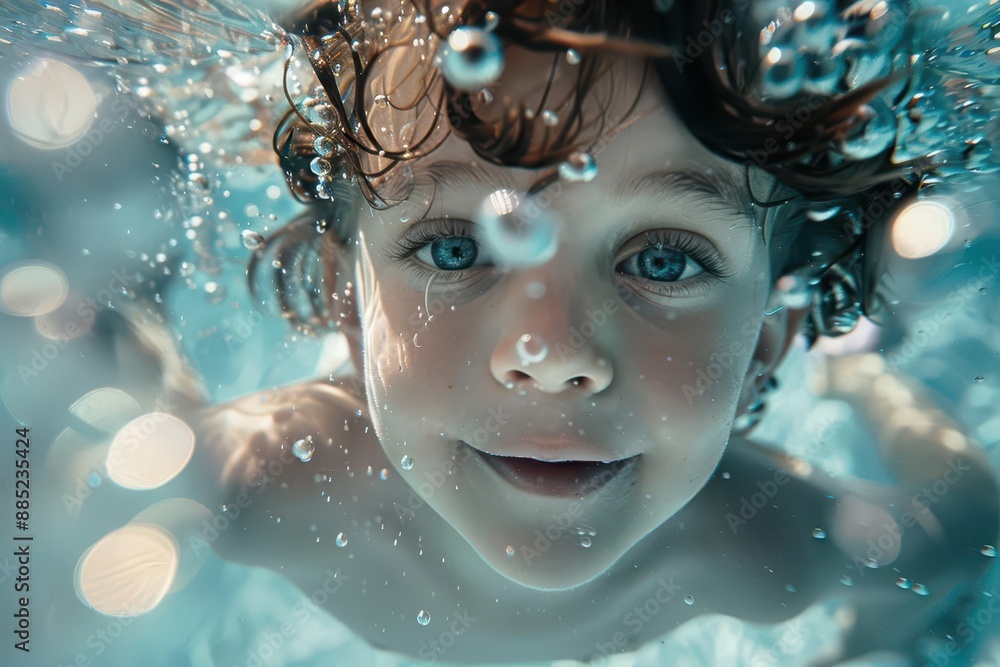 underwater scene of a child swimming in a pool joyful expression bubbles rising refracted light creates interesting patterns sense of freedom and playfulness in cool blue tones underwater scene of a child swimming in a pool joyful expression bubbles rising refracted light creates interesting patterns sense of freedom and playfulness in cool blue tones