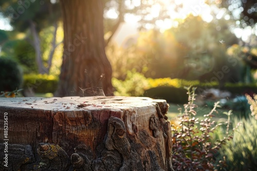 Wallpaper Mural A tree trunk stump serves as a table in a natural garden park during a holiday with a smooth surface and a drooping branch showcasing products with trees and sunl Torontodigital.ca