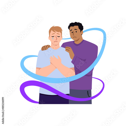 Suicide Prevention Awareness Month on a vector poster showing support for a depressed man.