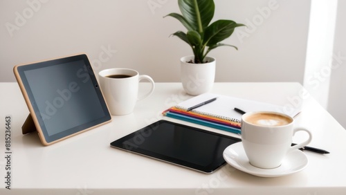 a white table with electronic devices, and a plant,