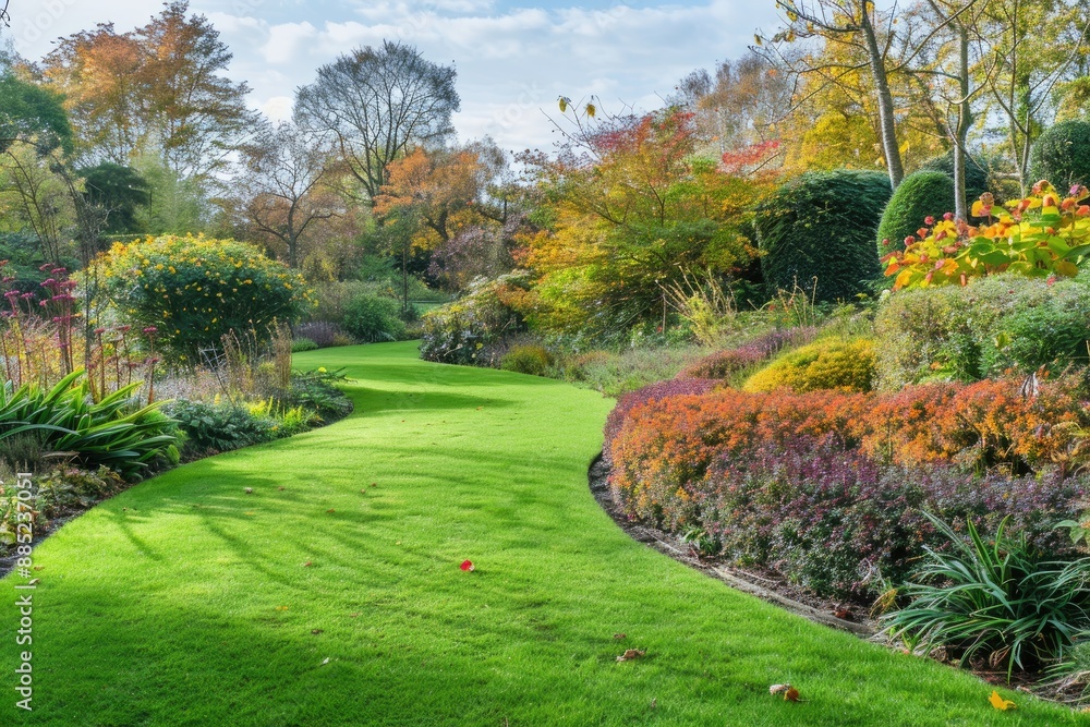Beautiful fall garden with winding lawn path Private rural oasis in October Beautiful fall garden with winding lawn path Private rural oasis in October