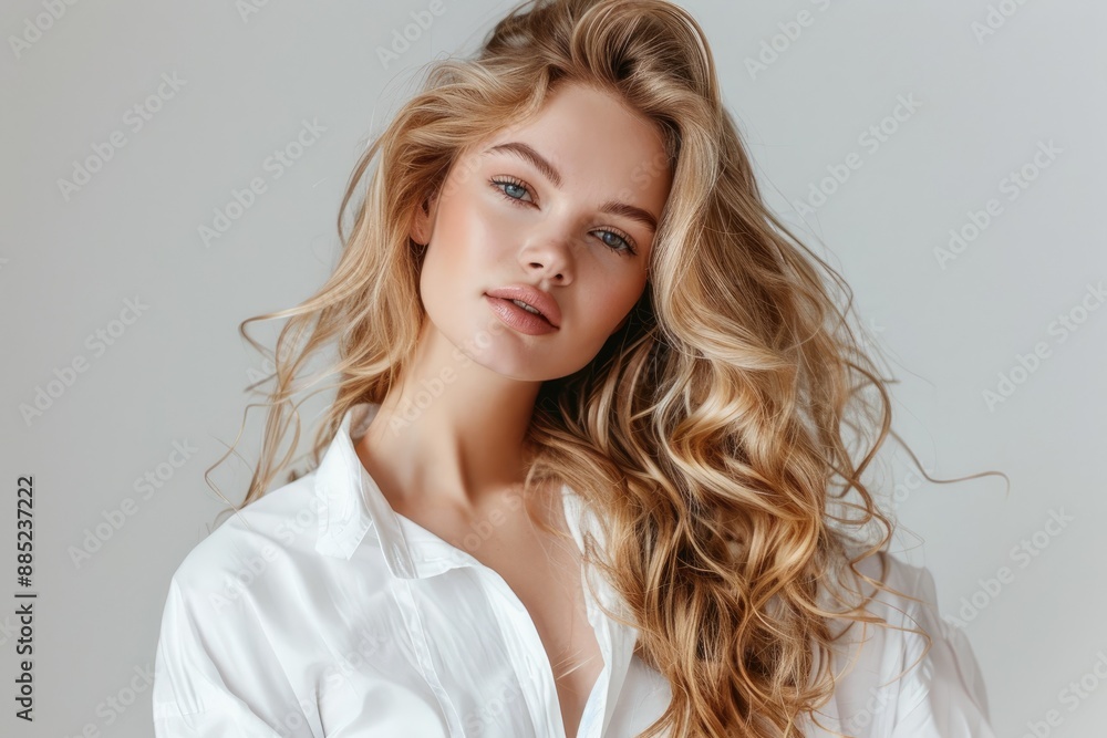 Obraz premium Beautiful woman in white shirt with long shiny wavy hair Model with blonde curly hairstyle