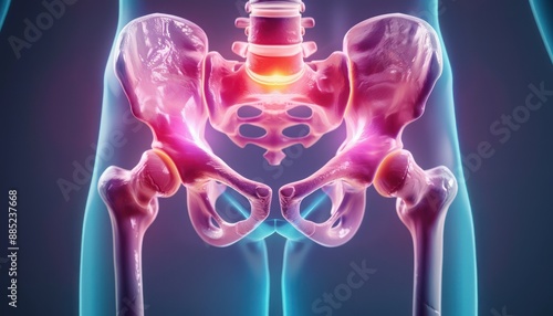 Hip Radiography Image Highlighting Bones and Skeletal Structure, Anatomy, X-ray, Pelvis, Femur, Acetabulum, Ilium, Ischium, Pubis, Joint, Medical Illustration, Healthcare, Radiology, Orthopedics