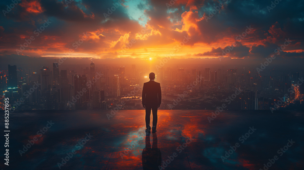 Fototapeta premium International business concept with businessman on city skyline background with network on map and sunlight.