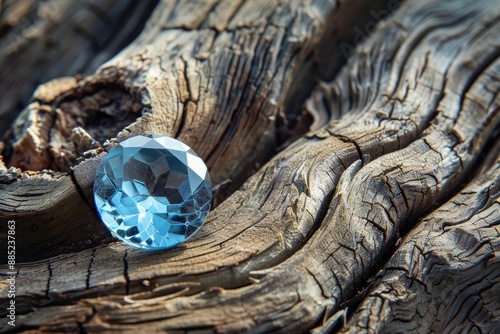 Blue topaz on textured wood surface photo