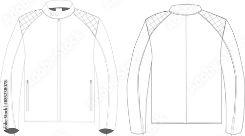 This technical drawing presents a detailed illustration of a men's motorcycle jacket with a robust and stylish design. Precise lines depict construction features and standout design elements.