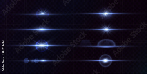 Blue laser light glare effect. Abstract laser beams of light. Horizontal neon rays of light