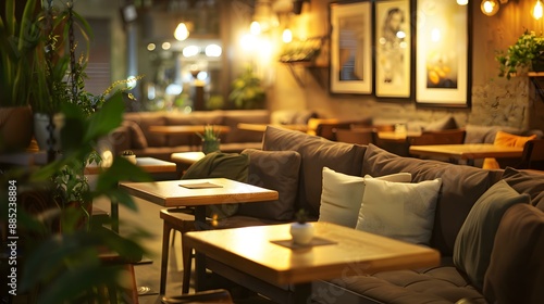 A cafe with cozy sofas and low tables