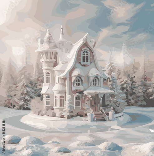 Abstract Winter Fairy Tale House Castle Pastel Colors Background Illustration Vector Design