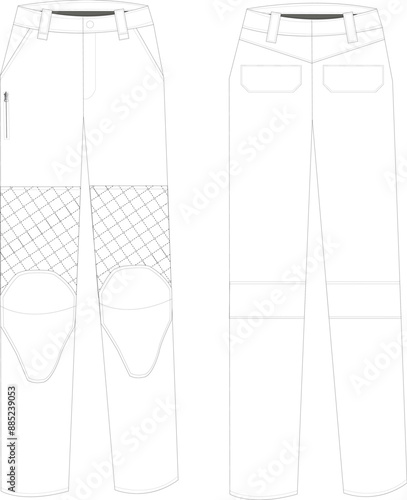 This technical drawing presents a detailed illustration of men's motorcycle cargo pants with a quilting and stylish design. Precise lines depict construction features and standout design elements.