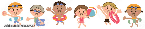 水着を着て浮き輪などを持った6人の多国籍の子供たち