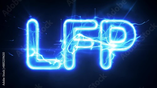 Glowing text LiFePo4 on a dark background, surrounded by electrical discharges photo