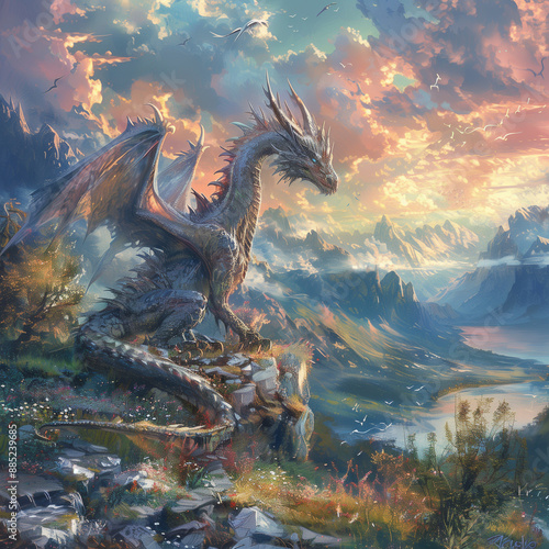 Fantasy dragon in a beautiful landscape photo