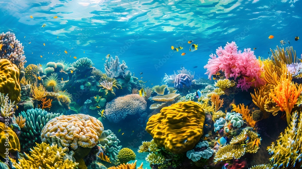 Fototapeta premium Coral reef with colorful corals and exotic marine