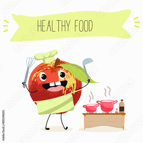 Cute red apple character with many expressions, fruit different activities, poses vector illustration flat design set.