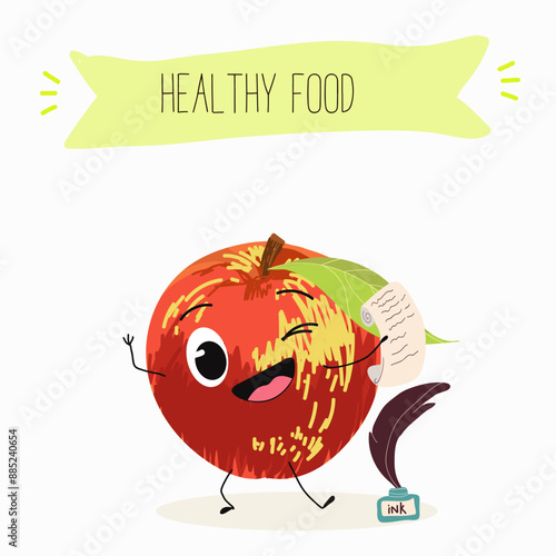 Cute red apple character with many expressions, fruit different activities, poses vector illustration flat design set.