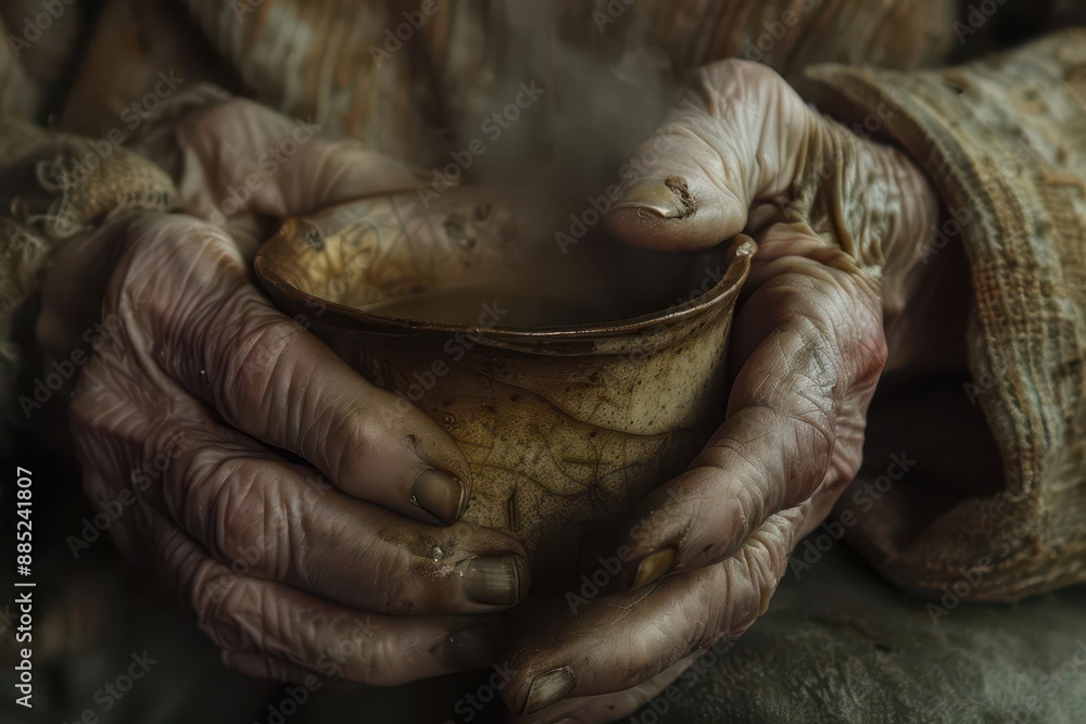 weathered hands etched with deep wrinkles and age spots tenderly cradle a steaming porcelain teacup soft warm light emphasizes texture and shadows weathered hands etched with deep wrinkles and age spots tenderly cradle a steaming porcelain teacup soft warm light emphasizes texture and shadows