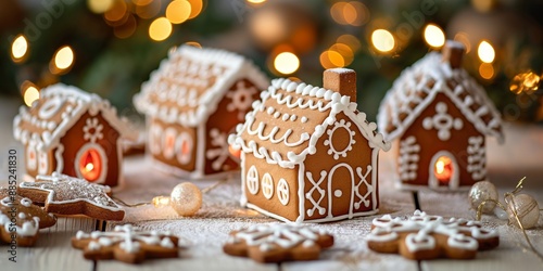 A row of gingerbread houses are decorated with icing and snowflakes. The houses are arranged in a row on a table, with some of them lit up. The scene conveys a festive and cozy atmosphere